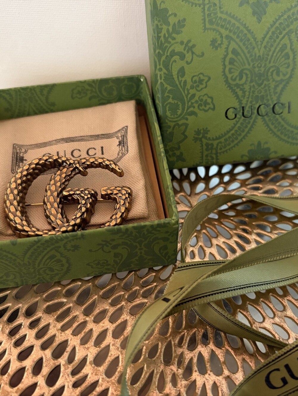 Gucci Gold Double G Brooch - Textured Metal Pin